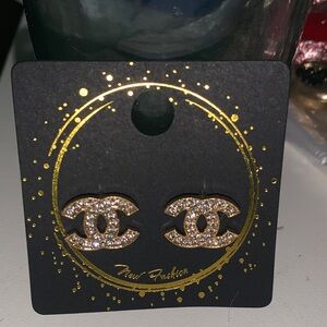 Gold Crystal Double-C Stud Earrings